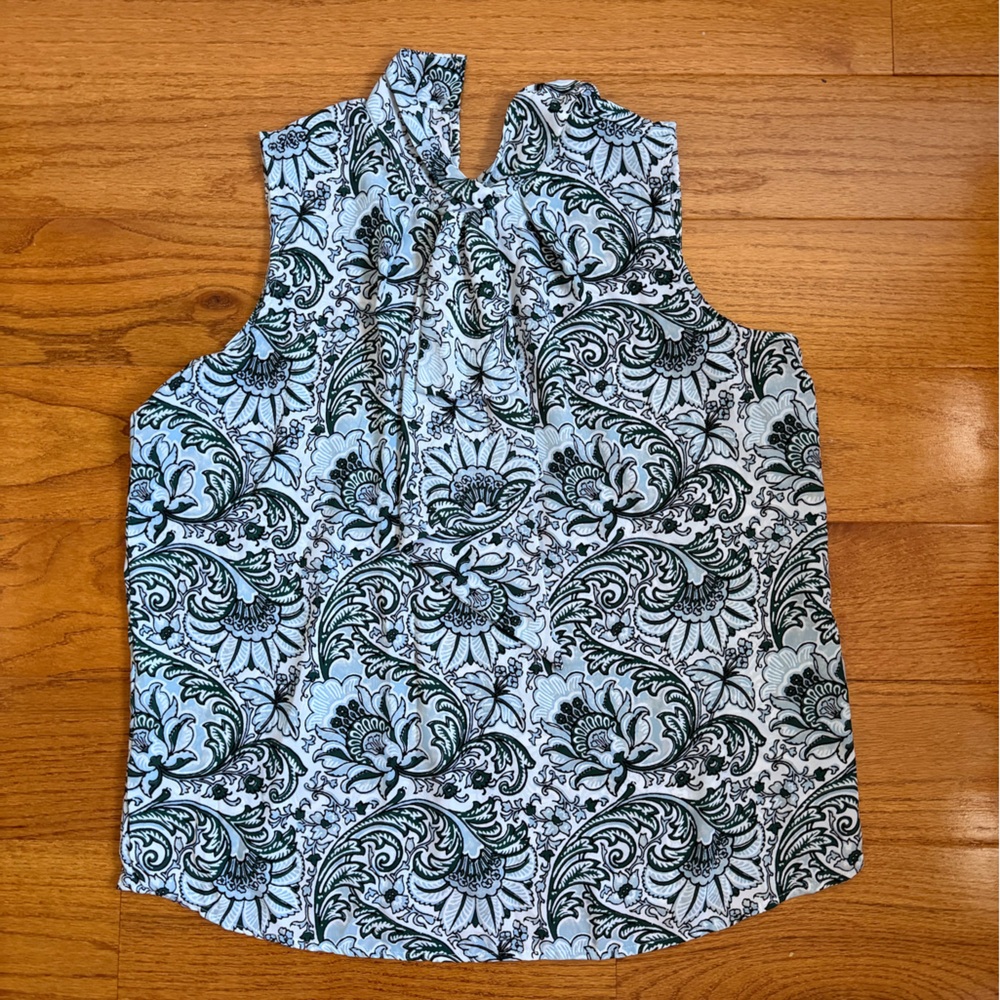Ann Taylor Factory Floral Blouse- dark green, light blue, black on white